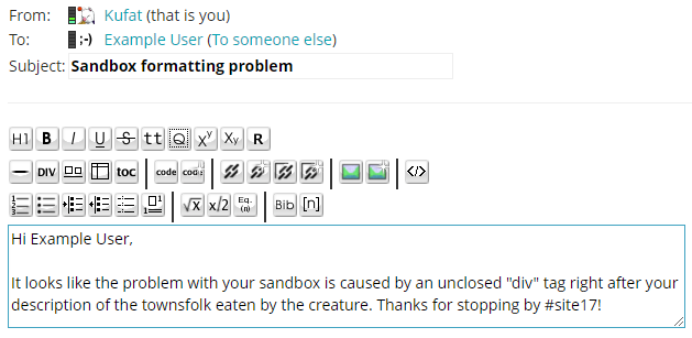 A mockup of a Wikidot PM to the example user, detailing the fix for their hypothetical issue